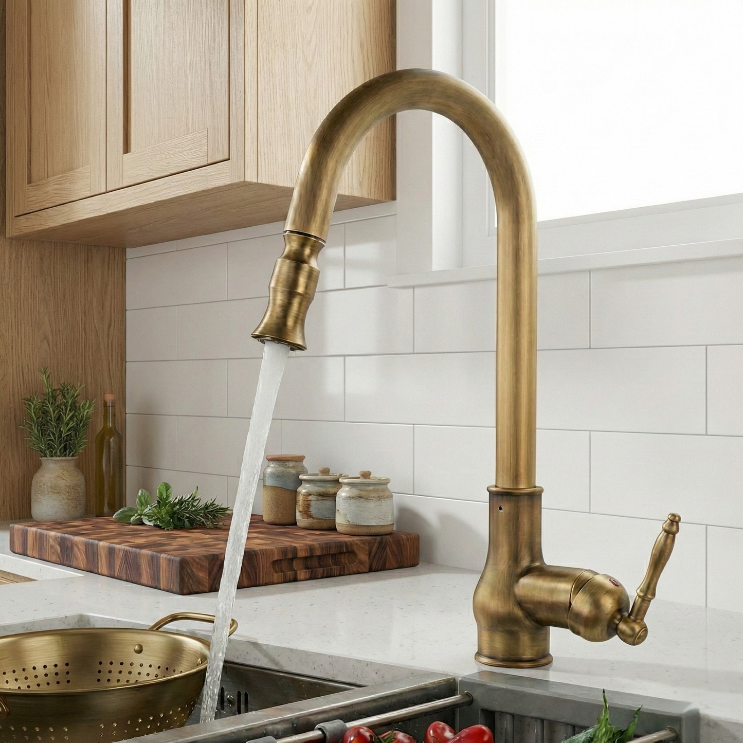 Robinet de cuisine en laiton massif – Doré antique ou noir, douchette extractible, rotation 360°, style ancien