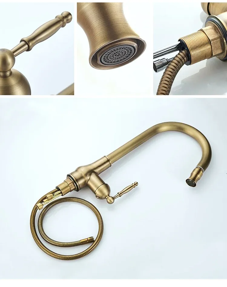 Robinet de cuisine en laiton massif – Doré antique ou noir, douchette extractible, rotation 360°, style ancien