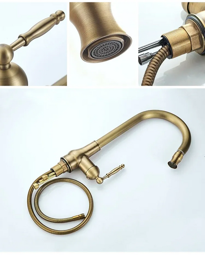 Robinet de cuisine en laiton massif – Doré antique ou noir, douchette extractible, rotation 360°, style ancien