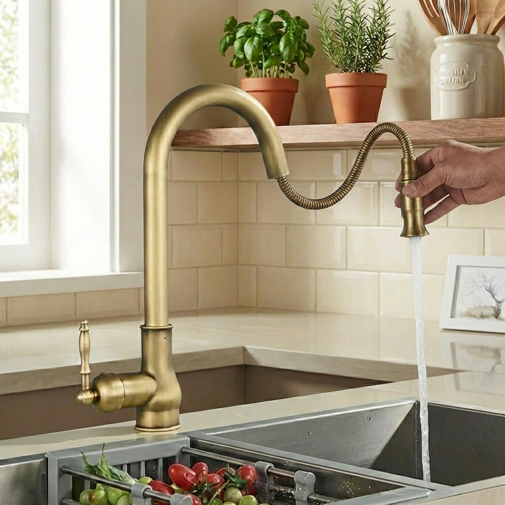 Robinet de cuisine en laiton massif – Doré antique ou noir, douchette extractible, rotation 360°, style ancien