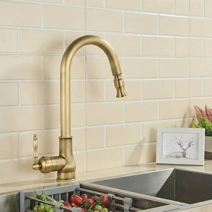 Robinet de cuisine en laiton massif – Doré antique ou noir, douchette extractible, rotation 360°, style ancien